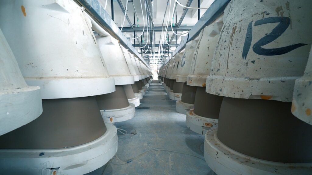 Casting hall of our ceramic sanitaryware plant in Chaozhou, China - plaster moulds on the casting line